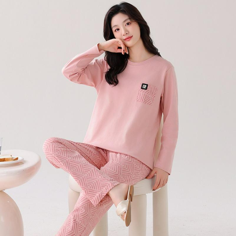 Pure Cotton Pajamas Women's Autumn Long-sleeved with Chest Pads Women's Casual Loose Large Size Cotton Home Service Suit