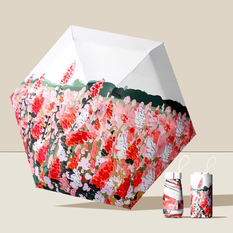 Bellissimo Ombrello Stampato con Fiori Pioggia Donna Ombrello Sole Cinque Pieghe Ombrello Pittura a Olio Signora Parasole Portatile
