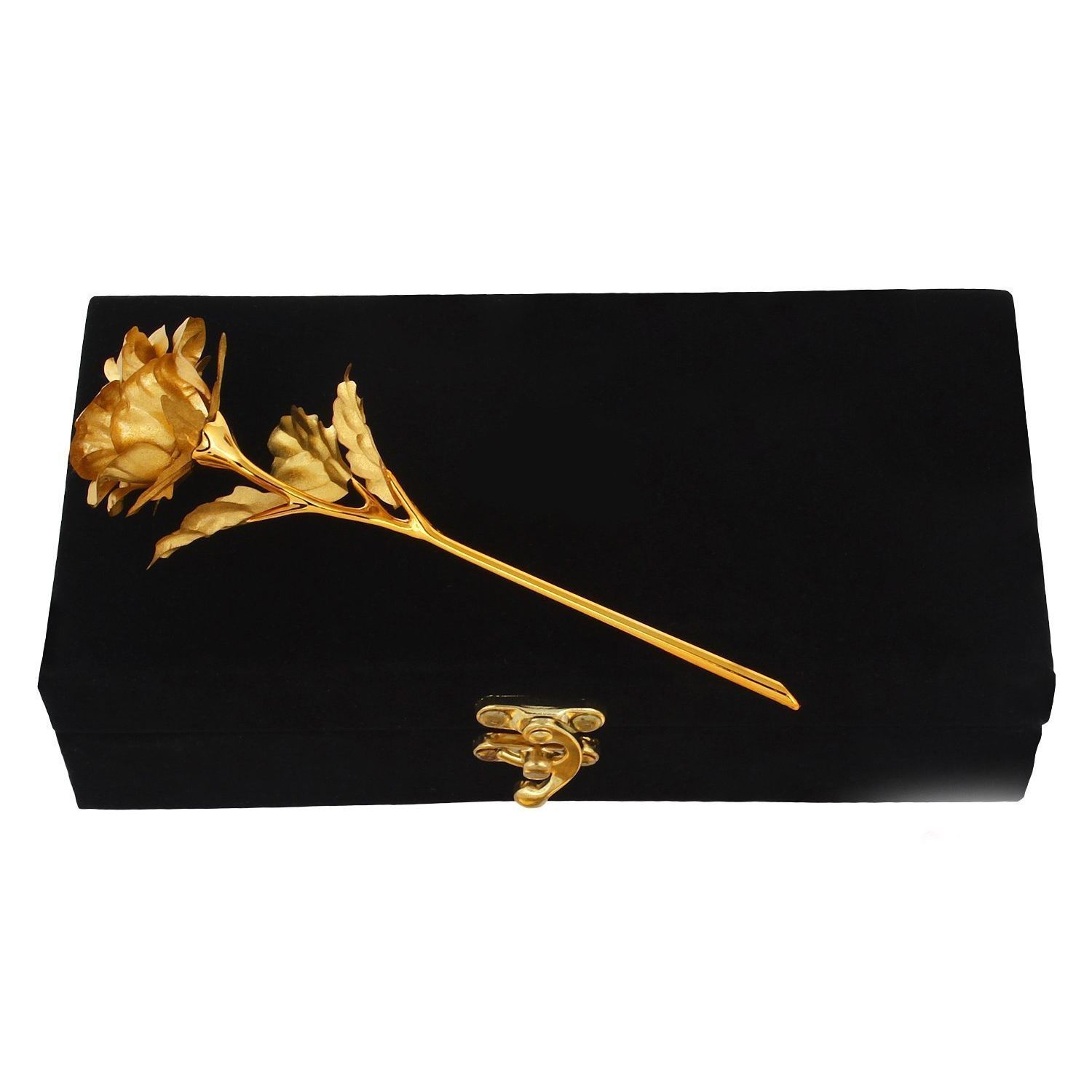 

Золотая роза с золотым листом в черной подарочной коробке