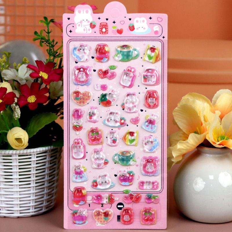 3D Japanese Cute Crystal Epoxy Relief Stickers Cartoon Bunny Bear Stickers Journaling Stationery Cute Stickers Gifts