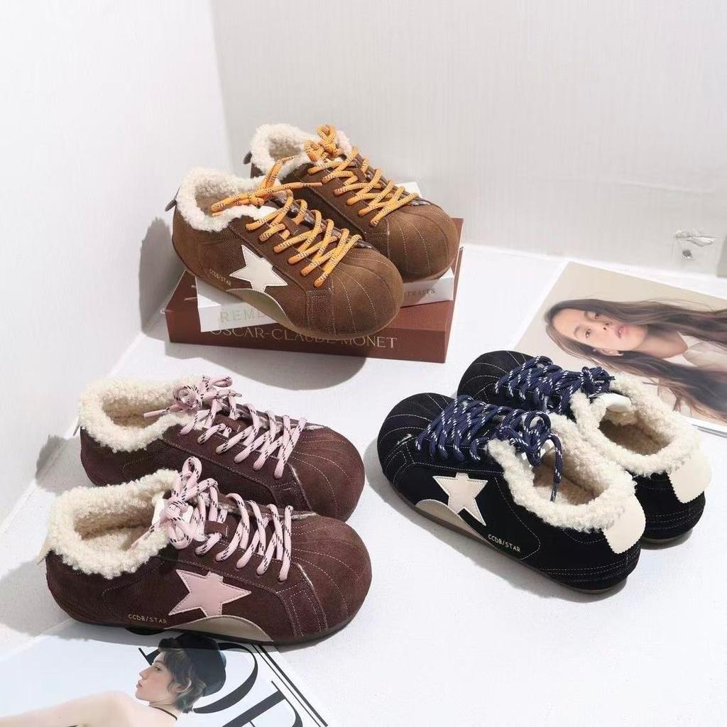 Retro German Training Shoes Women's Autumn and Winter Velvet Warm Fluffy Cotton Shoes Cute Ugly Cute Soft Leather Star Shoes Casual Board Shoes