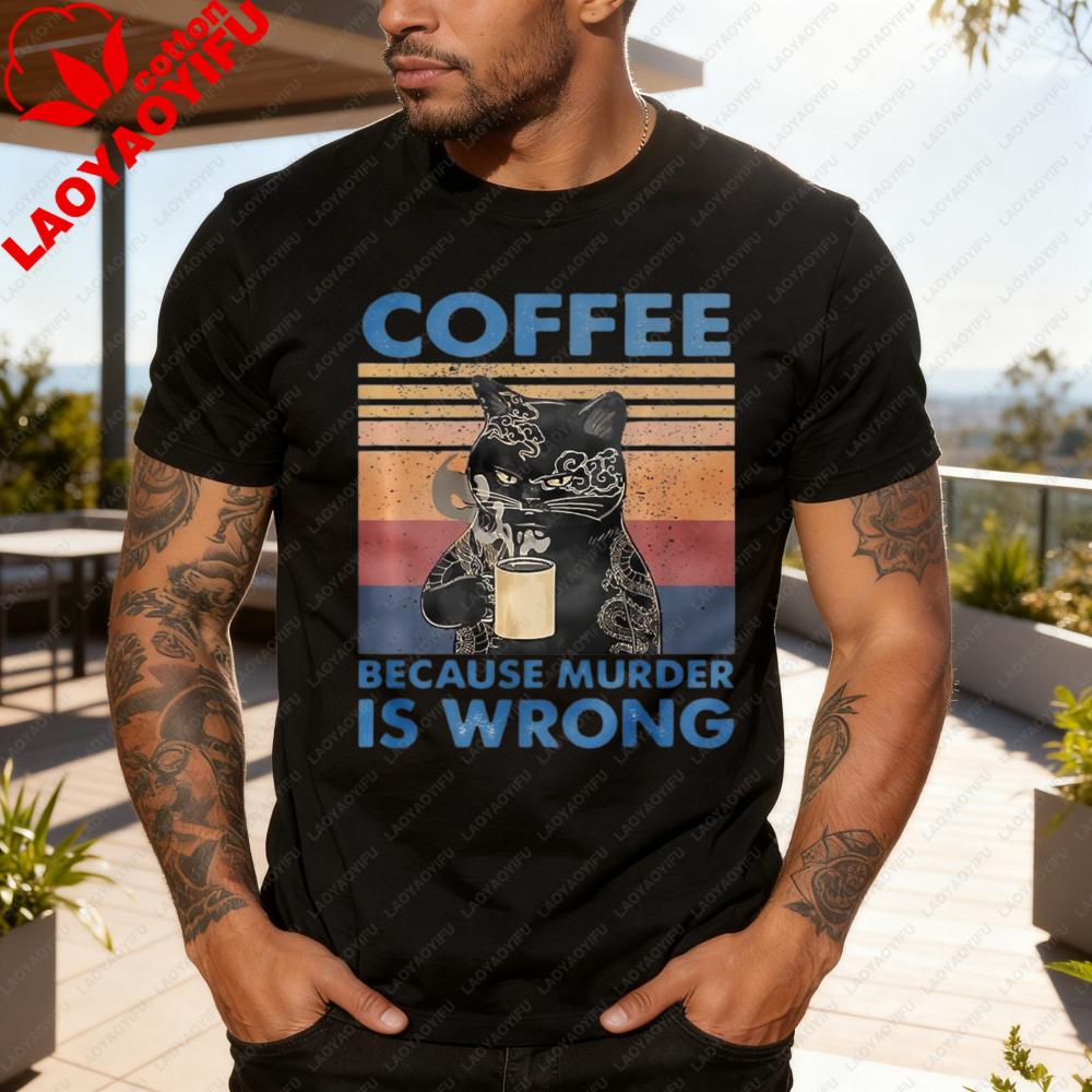 

Coffee Cat Vintage Design Men TShirt Cotton Summer Clothes Short Sleeve Casual Fashion Top for Everyday Wear Gift Idea S