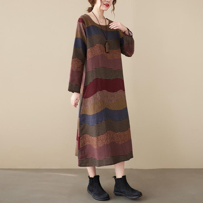 Artistic Temperament Cotton Linen Round Neck Long Sleeve Casual Dress for Women