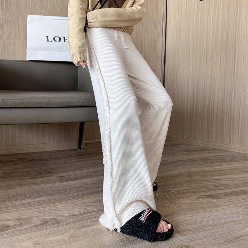 Tassel Knitted Wide Leg Pants for Women in Autumn and Winter Brushed Straight Leg Pants Loose and Slimming Floor Length Pants