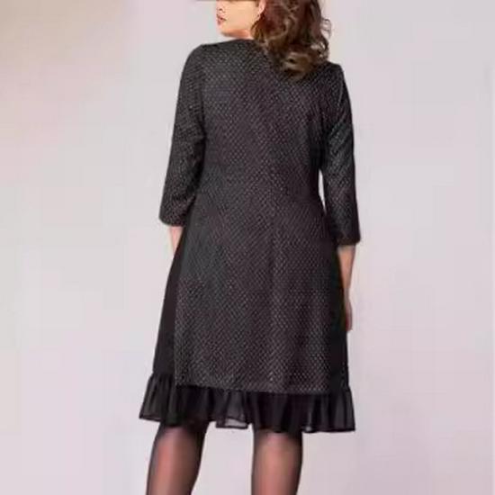Elegant Black Polka Dot Round Neck Dress for Middle-Aged Women