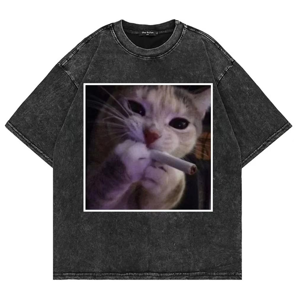 Cotton Vintage Washed Yk Funny Smoking Cat New Summer T Shirt Fashion Men Cool Cat Joke Acid Wash Tees Shirts