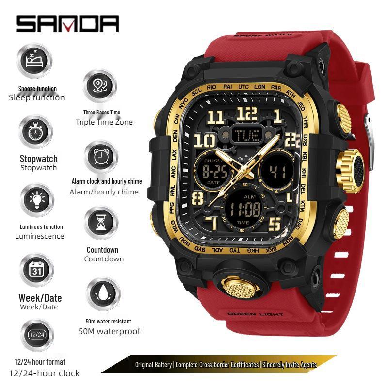 Sanda Three-Hand Square Dial Waterproof Student Sport Watch with Dual Display and Three-Zone Time.