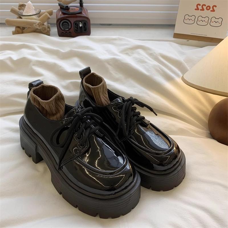 Small Leather Shoes Women's New Versatile Single Shoes Lace-up Platform Retro Thick Heel Black Shoes