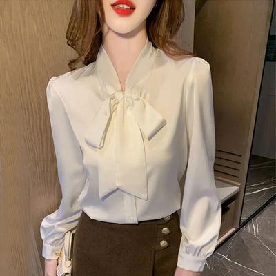 Temperament Satin Long-sleeved Chiffon Shirt Women's Autumn Wear Spring and New Chic Bow Professional Top