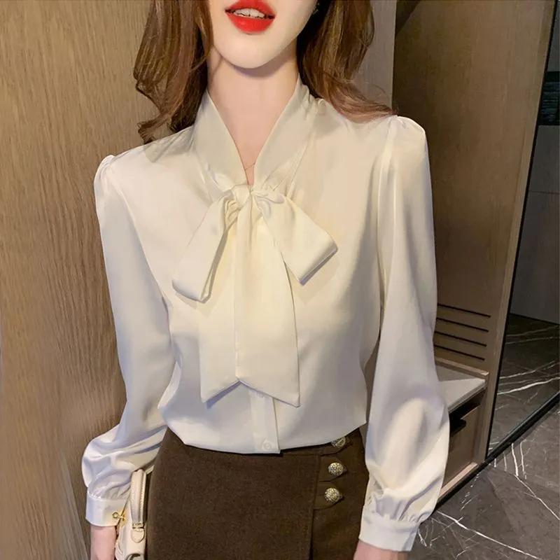 Temperament Satin Long-sleeved Chiffon Shirt Women's Autumn Wear Spring and New Chic Bow Professional Top