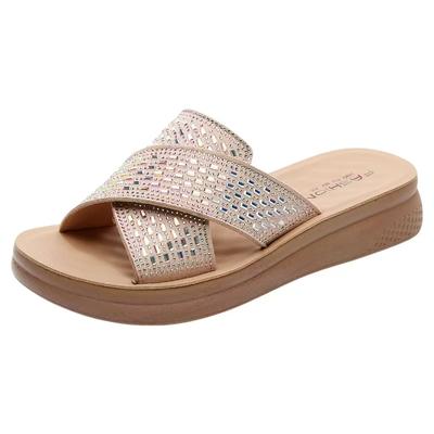 Women's Summer New Thick Sole Wedges Rhinestone Slippers Open Toe Non Slip Lightweight Fashionable Outdoor Slippers Sandals