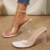 Sexy Transparent Pvc Sandals Women Summer 2025 Thick High Heels Crystal Slippers Woman Square Toe Slip On Party Shoes