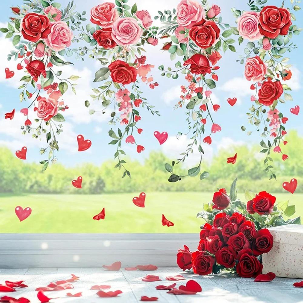 Valentines Day Rose Vine Butterfly Heart Balloon Wall Stickers PVC Self Adhesive Removable Party Wedding Home Decorative Decals