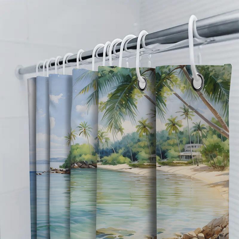 Seaside Retreat: Waterproof Shower Curtain With Tropical Island Scene 180 X 240Cm