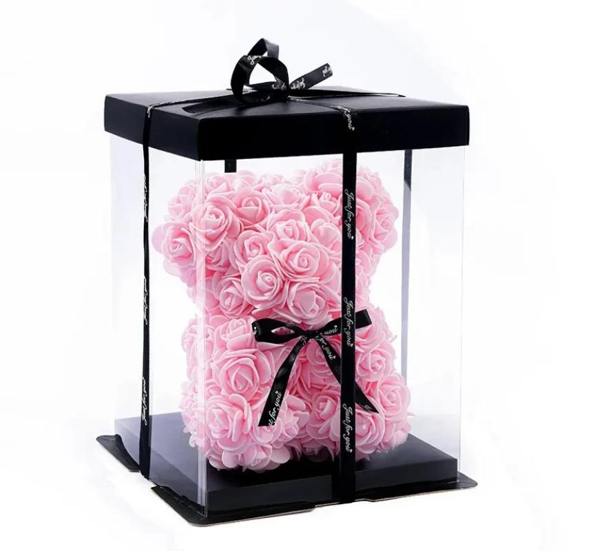 25cm Artificial Teddy Rose Flower Bear with Box Romantic Valentines Day Gift Girlfriend Women Anniversary Wedding Party Supplie