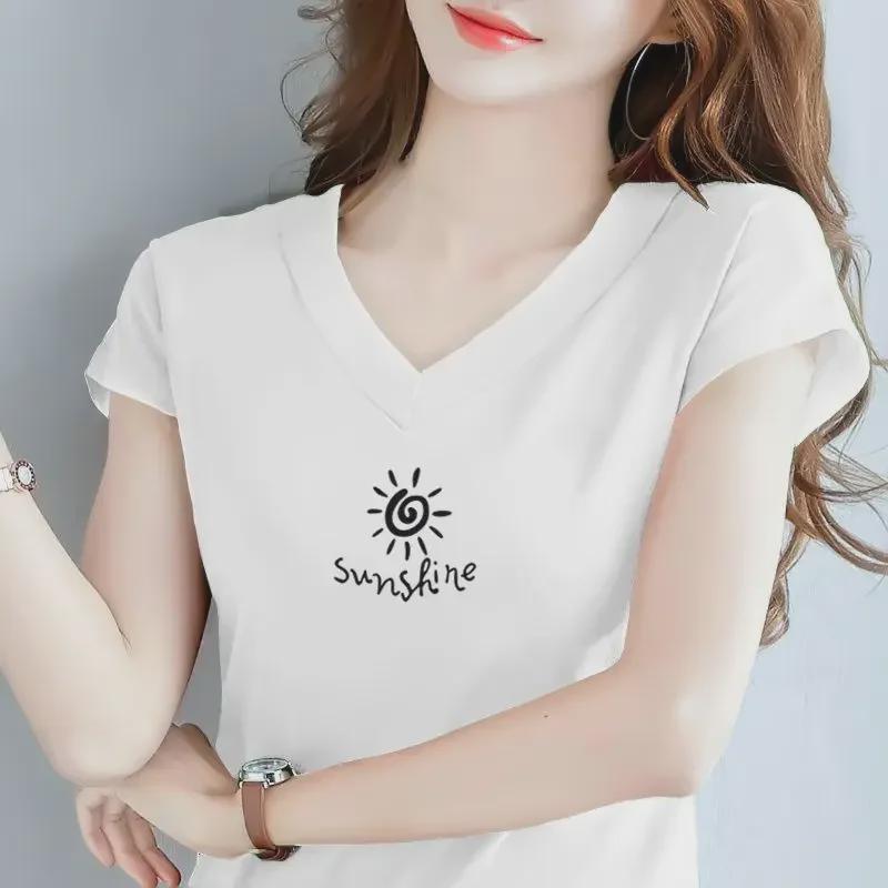 Damen 2024 V-Ausschnitt Lockeres Kurzarm-T-Shirt aus reiner Baumwolle - Sommeroberteil in Übergröße
