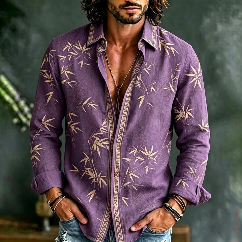Men's Long Sleeved Shirt with Bamboo Leaf Pattern Full Printing, Daily Commuting, Travel, Vacation, Fashionable and Trendy Shirt