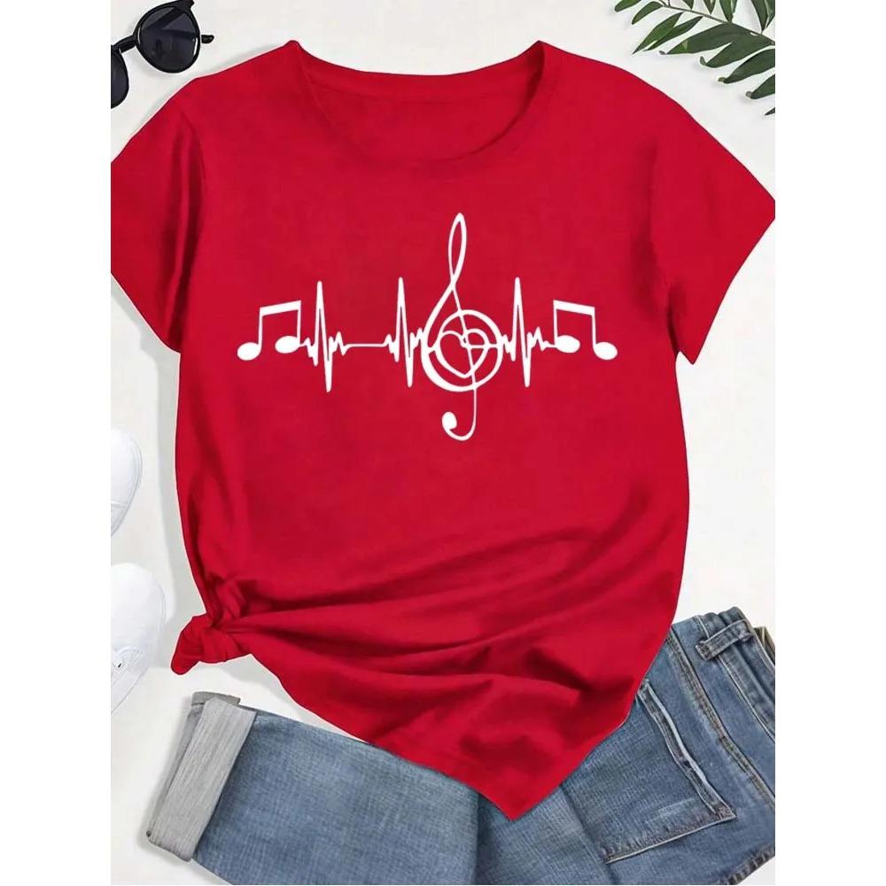 Music Note Print Women's T-Shirts Fashion Tops for Women Casual Summer Short Sleeve Tees Street Breathable Y2k T Shirt
