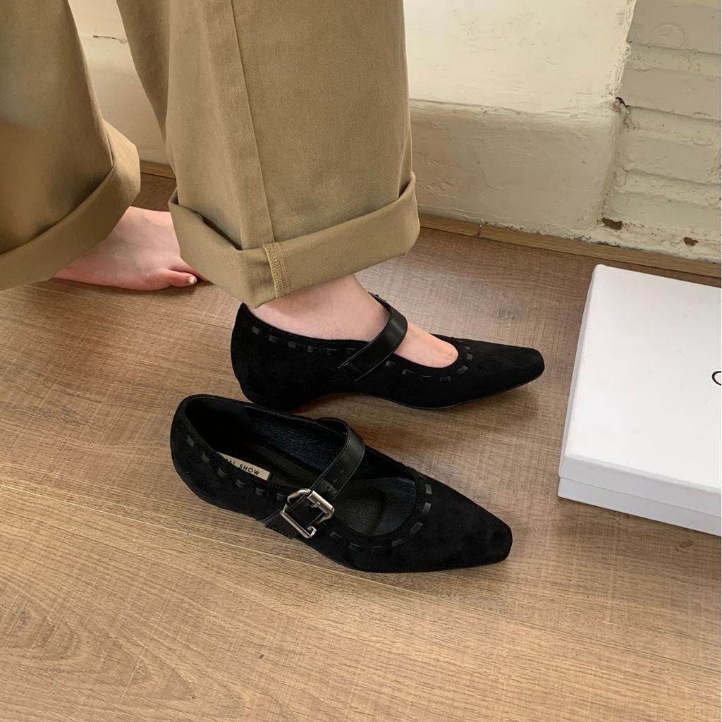 2025 new round head one-word with light mouth thick heel woven suede thick high heel Mary Jane women's shoes