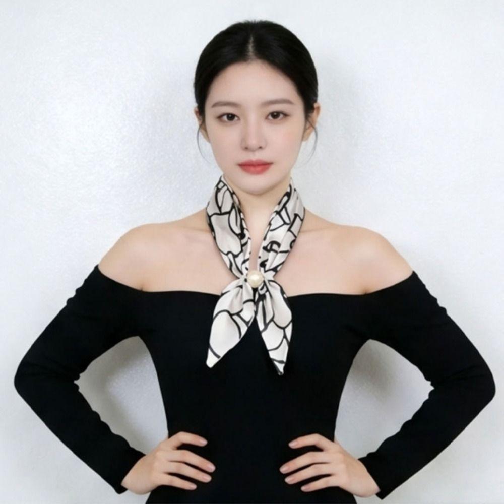 Magnetic Pearl Buckle Satin Neck Scarf No Tie Choker Scarf Elegant Decorative Silk Scarf  Summer
