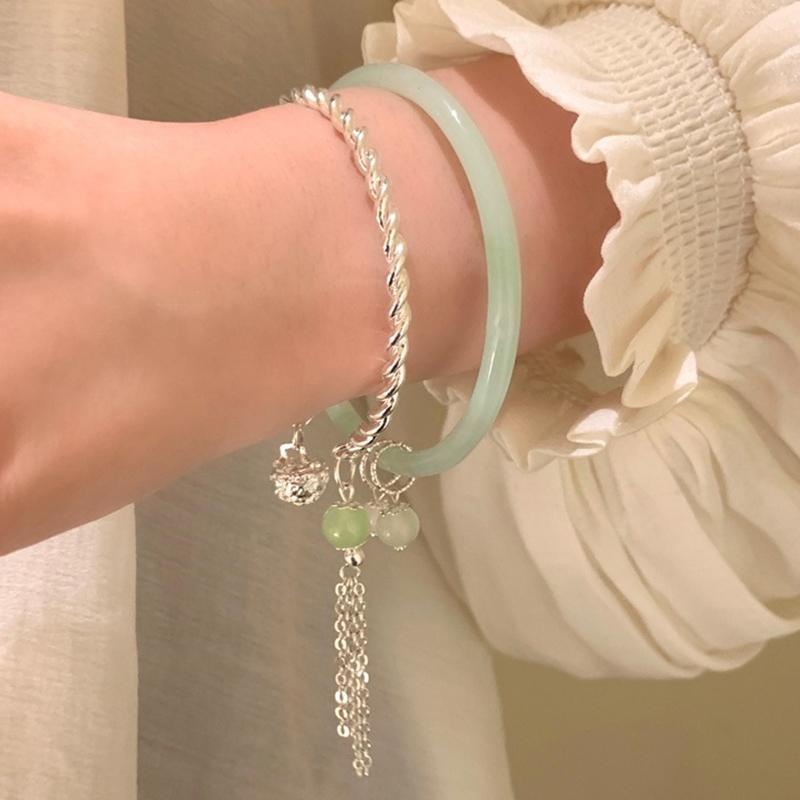 Simple  Green Bangle Tassel Double Spell Silver Opening Adjustable Bracelet For Women Vintage Jewelry Gifts