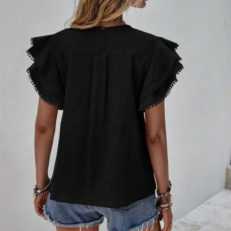 Moda Casual Cuello Redondo Tops de Verano para Mujer Camisas Sueltas Blusa Vintage de Encaje con Borlas y Mangas Volantes Camisa Lisa Elegante de Corte Ajustado para Mujer Nuevo 26424
