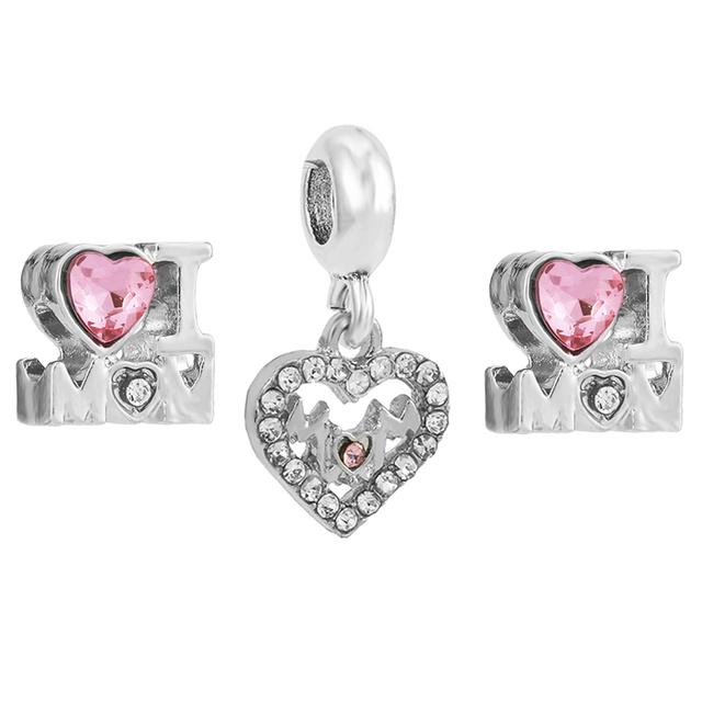 3pcs /Lot Pink Love Heart Beads Enamel Mom Pendant Fit Diy Brand Charm Bracelets Necklaces For Women Mother Jewelry Making