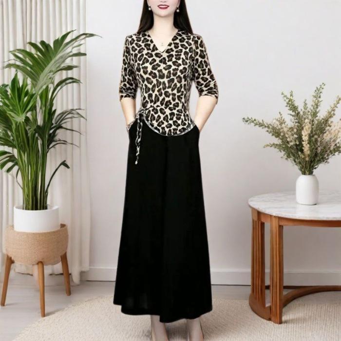 

Women s V-Neck Leopard Print Slimming Dress, Long-Sleeve, Waist-Cinched, Summer Fashion, Fake Two-Piece Design, Mother s Wear. M бежевий