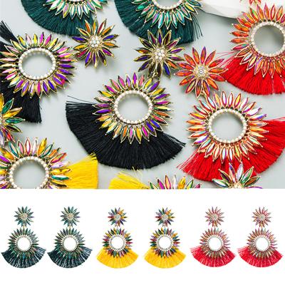 Style Crystals Tassel Bohemian SUNFLOWER Colorful Fashionable Exaggerated Earrings Round