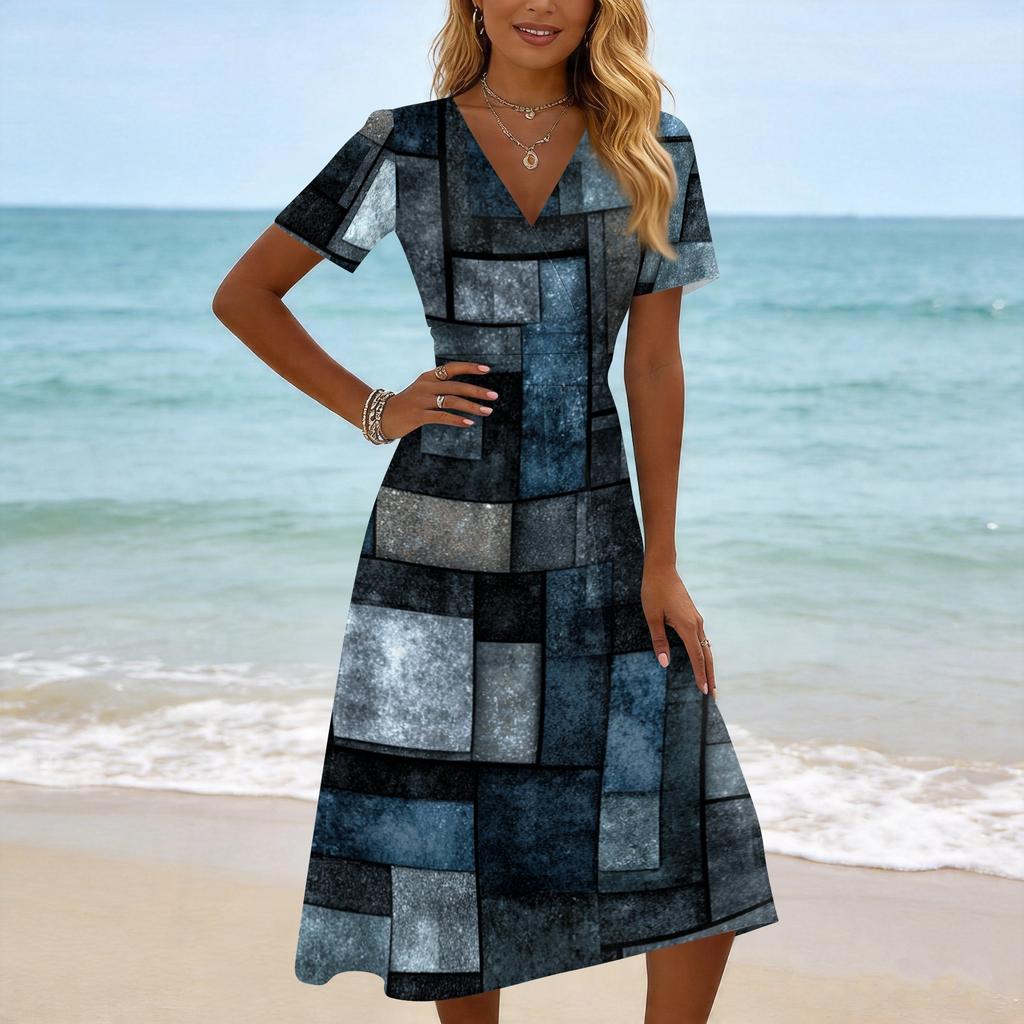 Women's Casual Vintage Floral Print Short Sleeve V Neck Dress Midi Length Lightweight Fabric Comfortable Fit