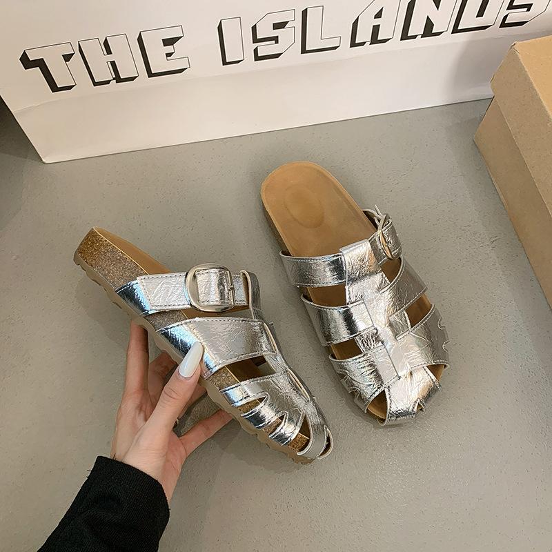 

Summer new leather bag head hollow half slippers women wear soft bottom one pedal woven cool slippers 40 серебряный