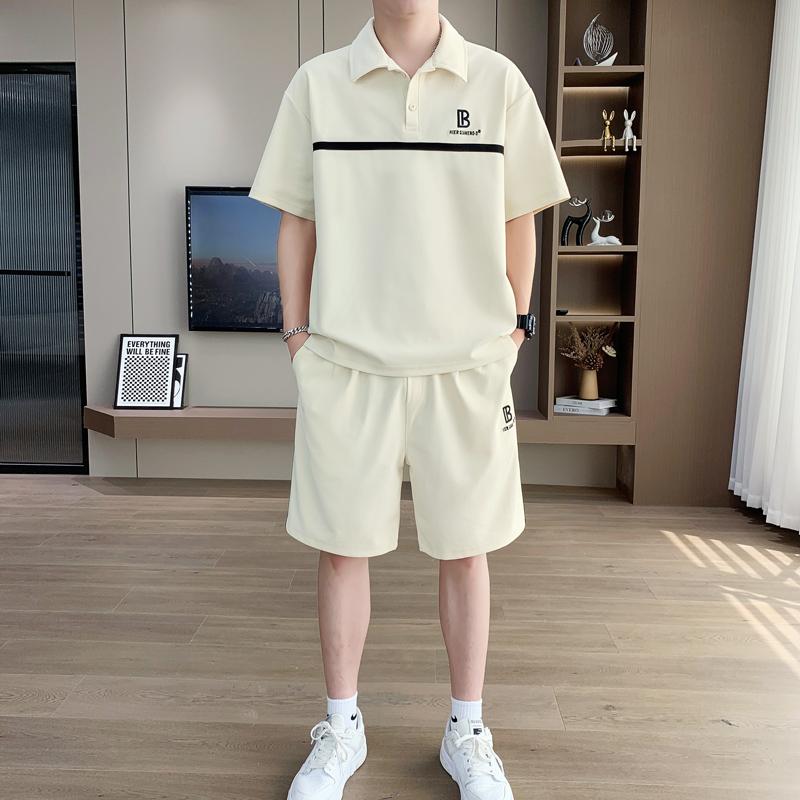 Short-sleeved T-shirt Lapel POLO Shirt Shorts Suit Men's Quarter Pants Thin Breathable Ice Silk High-quality Two-piece Set