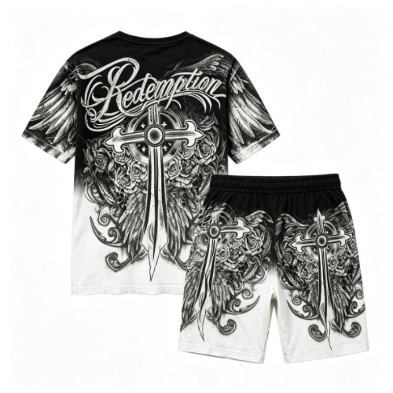 Sommer Gotischer Stil Kreuzschwert Aufdruck Rundhals Kurzarm T-Shirt und Shorts Set Herren und Damen T-Shirt Shorts Set