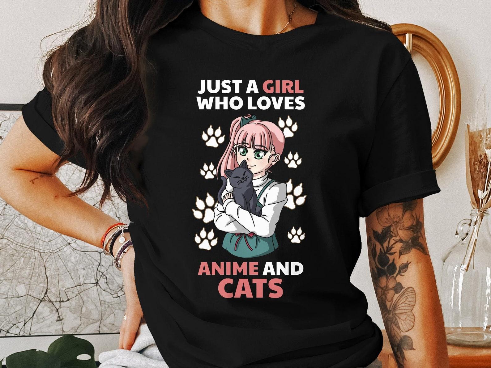 Anime Girl Loves Cats T-Shirt, Cute Manga Cat Lover Tee, Unique Otaku Kawaii Clothing M