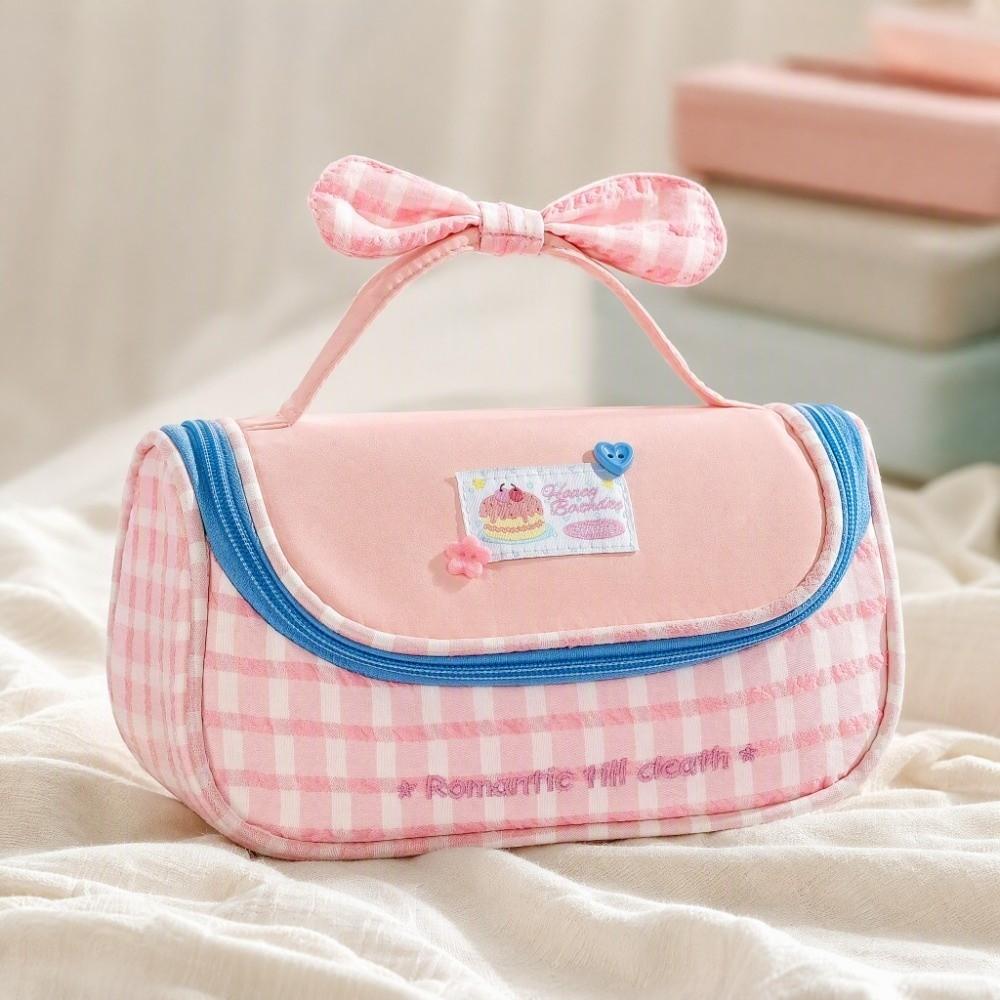 Cake Bowknot Korean Style Pen Bag Plaid Grids Cloth Stationery Bag Pencil Pouch Kids Children