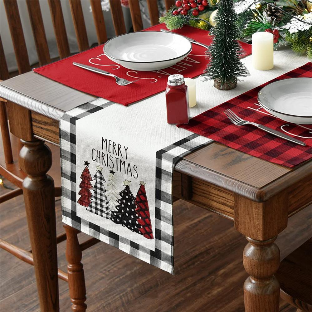Plaid Merry Christmas Tree Table Runner Kitchen Dining Table Cloth Decoration