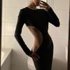 Maxi Dress Elegant Black Women Round Neck Hollow Out Long Sleeve Skinny High Waist Sexy Club Party Dresses