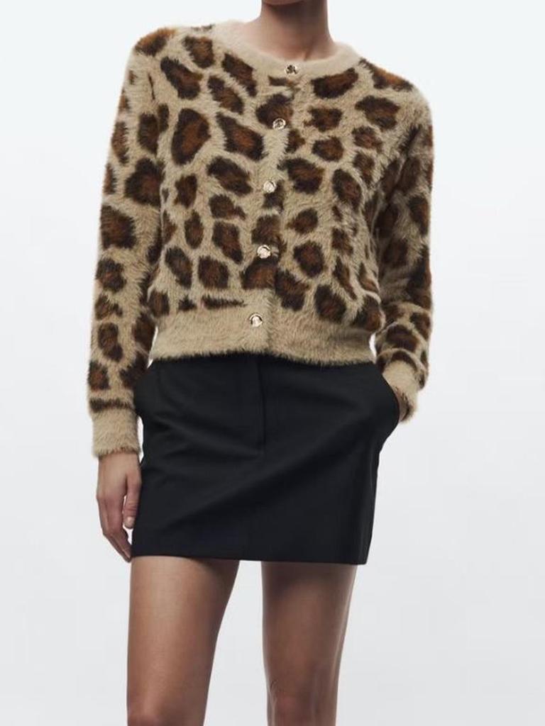 Rose Beauty A Damen Casual Leopardenmuster Button-Up Langarm Neue Kunstpelz Strickjacke, Herbst & Winter