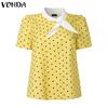 VONDA Women Stand Neck Puff Sleeve 3D Flower Polka Dots Casual Cropped Blouse