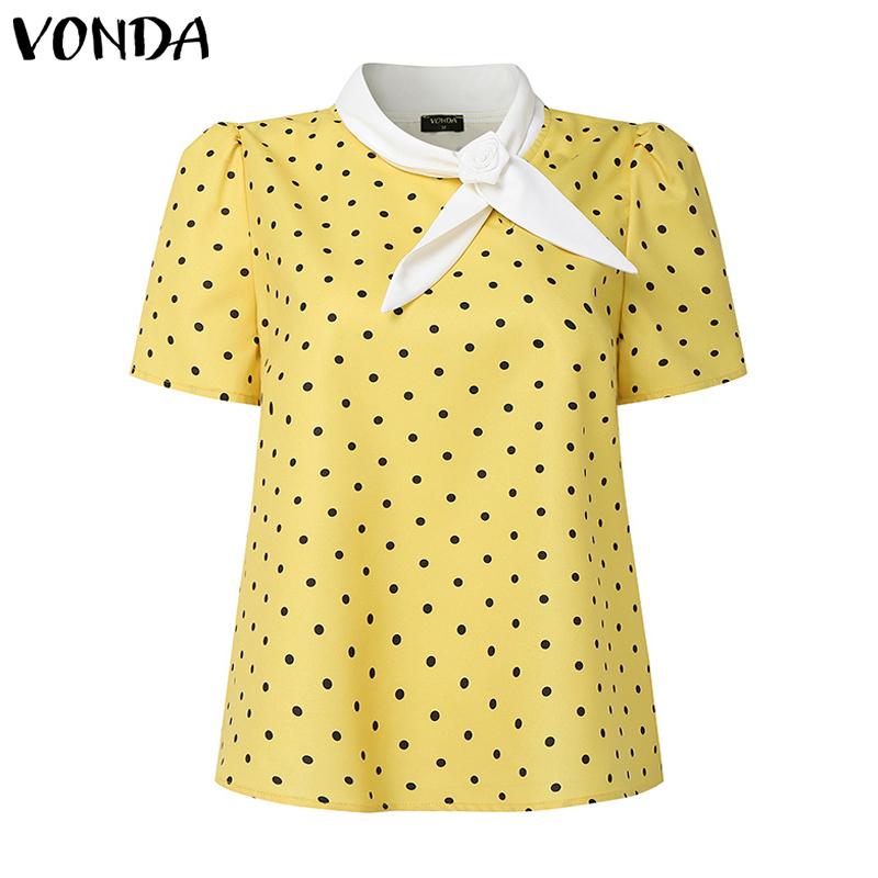 VONDA Women Stand Neck Puff Sleeve 3D Flower Polka Dots Casual Cropped Blouse