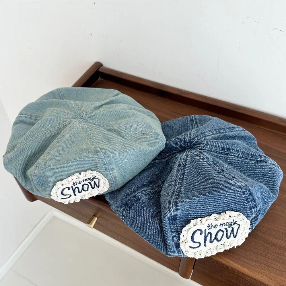 Spring Summer Hats for Women Vintage Washed Denim Cloud Beret, Artistic Octagonal Painter Cap