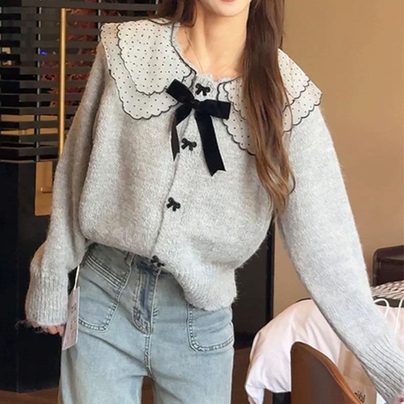 Bow Lazy Wind Autumn and Winter Knitted Cardigan Top Loose Outer Wear Trendy Doll Collar Short Sweater Women