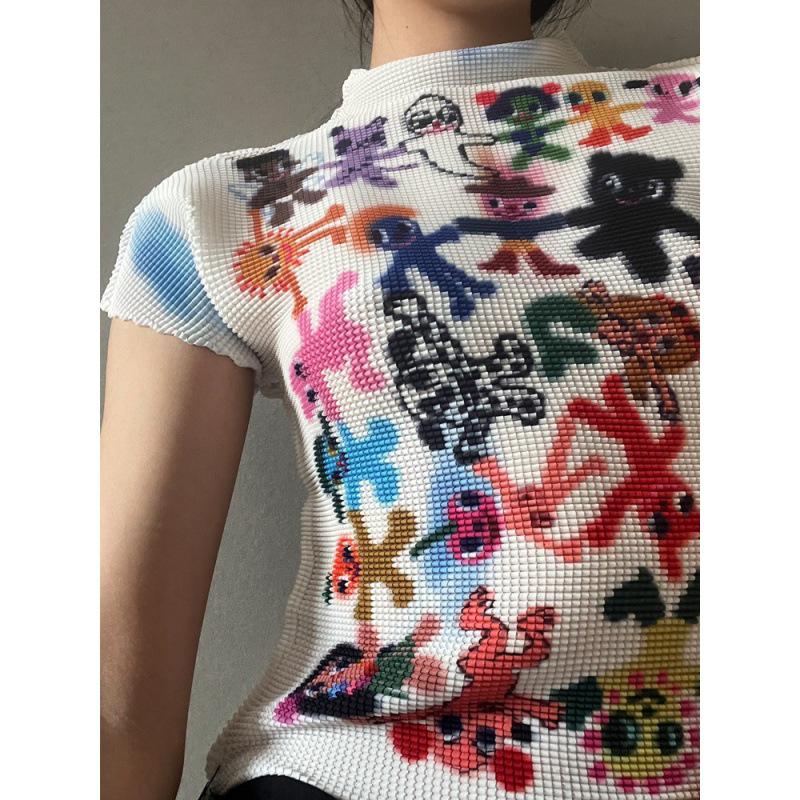 

2025 Женская мода Оригинальный принт Граффити Приталенная футболка - Короткий рукав, Яркая и Художественная One Size белый