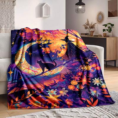 1pc Moon Witch Cat Blanket, Lightweight Flannel Throw Blanket for Sofa, Bed, Travel, Camping, Living Room, Office, Couch, Chair, and Bed