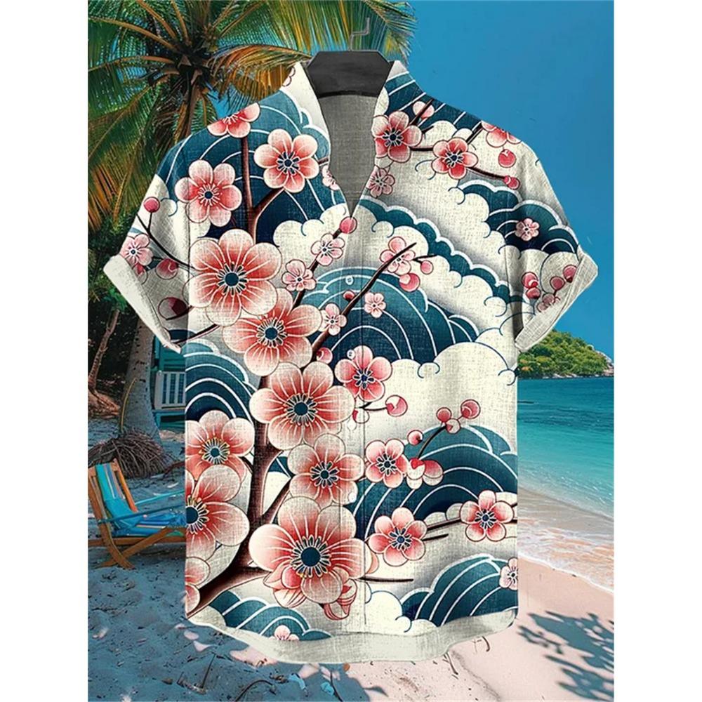 Camicia da Uomo a Maniche Corte con Stampa Ondulata, Design alla Moda, Top Estivo da Uomo, Camicia Hawaiana Casual Trendy per le Vacanze