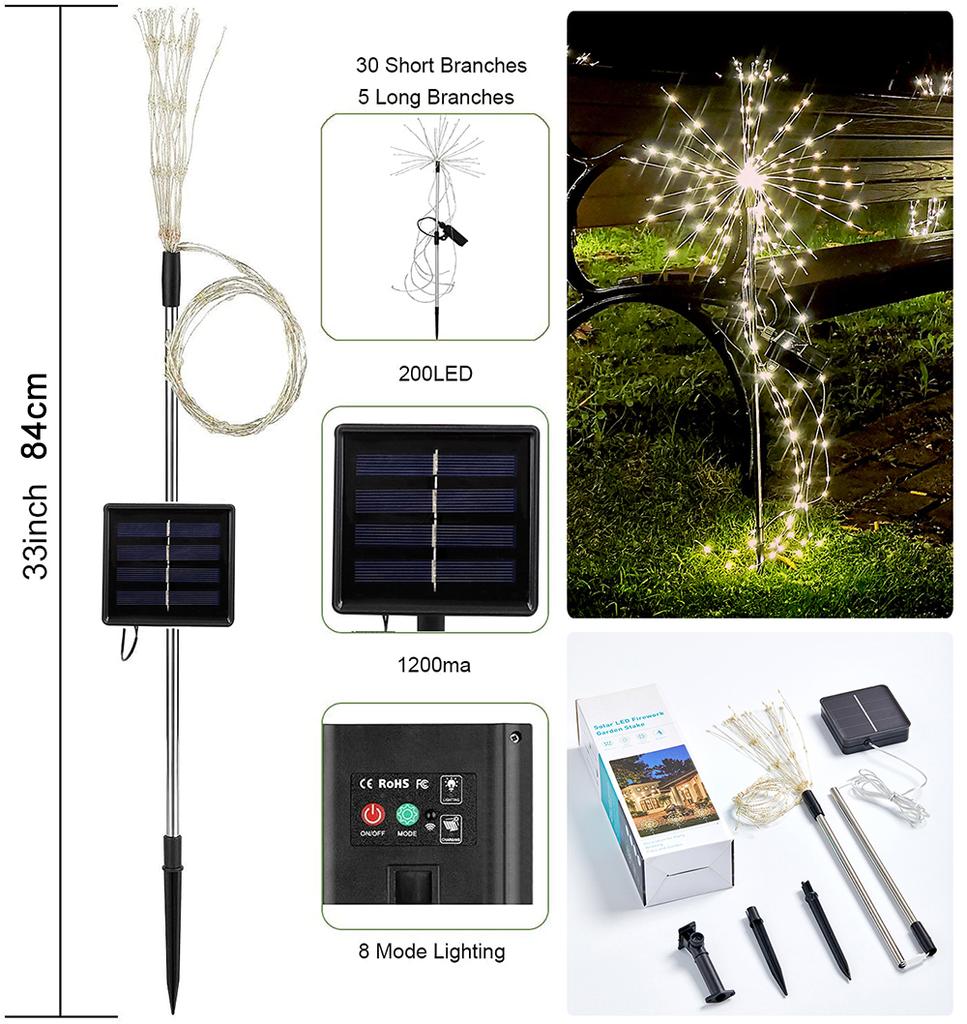 Solar Firework Light DIY Outdoor Garden Starburst Firework Lamp 200LED 35 Copper Wires Christmas String Light for Garden Decor