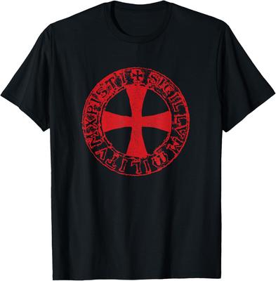 T-shirt Homme Casual d'Été Manches Courtes Col Rond 100% Coton Badge Croix de Chevalier Croisé Templier Streetwear