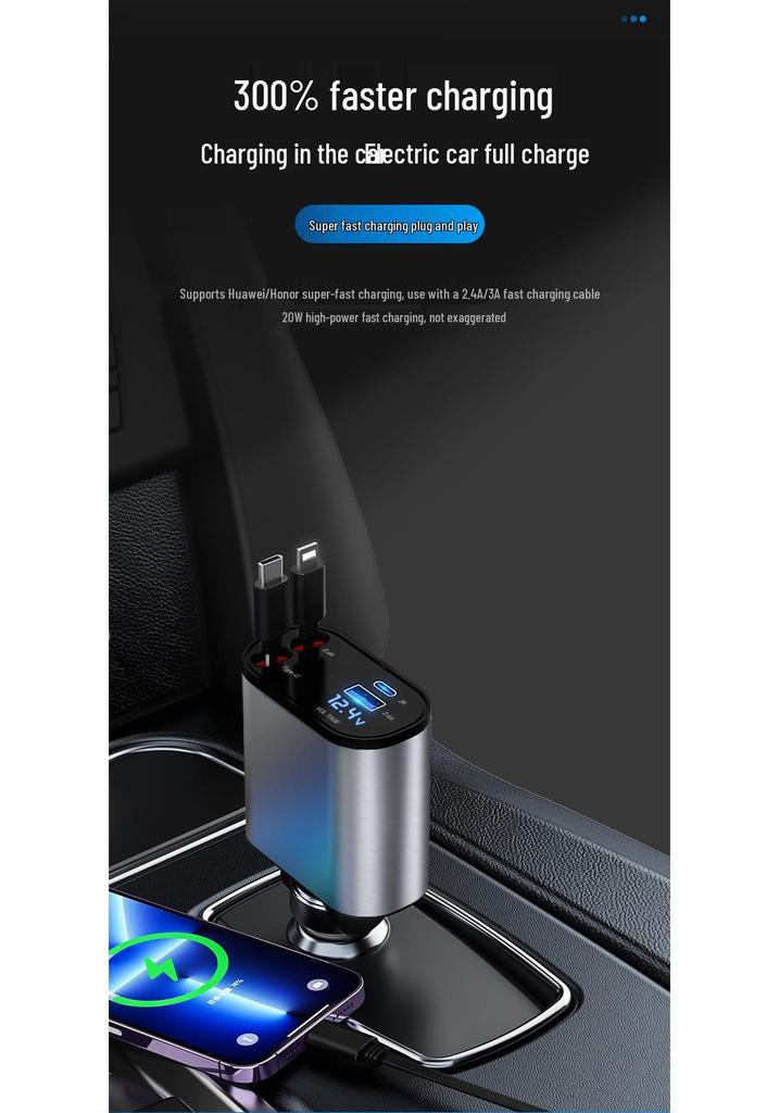 Metal Car Charger with Digital Display & Retractable 3-in-1 Cable for Super Fast Charging Via Cigarette Lighter.