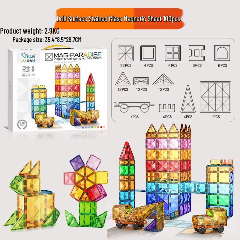 Stained Glass Magnetic Building Blocks Set - 100-Piece Educational Toy for Kids