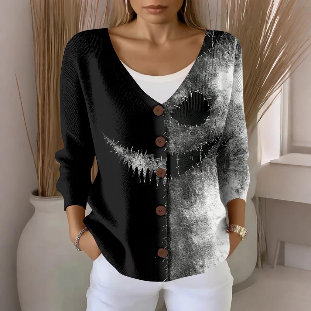 Women's Fashion Casual Knit Sweater Button-Up Halloween Printed  Cardigan Jacket